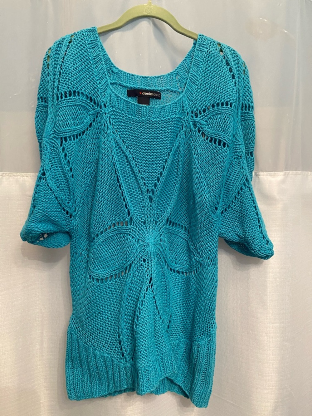 Denim&Co Teal Open-Knit Pullover